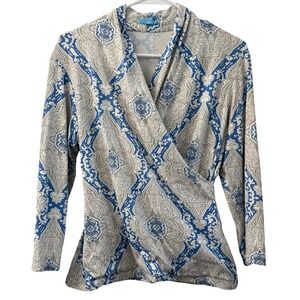 J. McLaughlin Women's Size L Wrap Style Top Blue Tan Paisley Long Sleeve Blouse